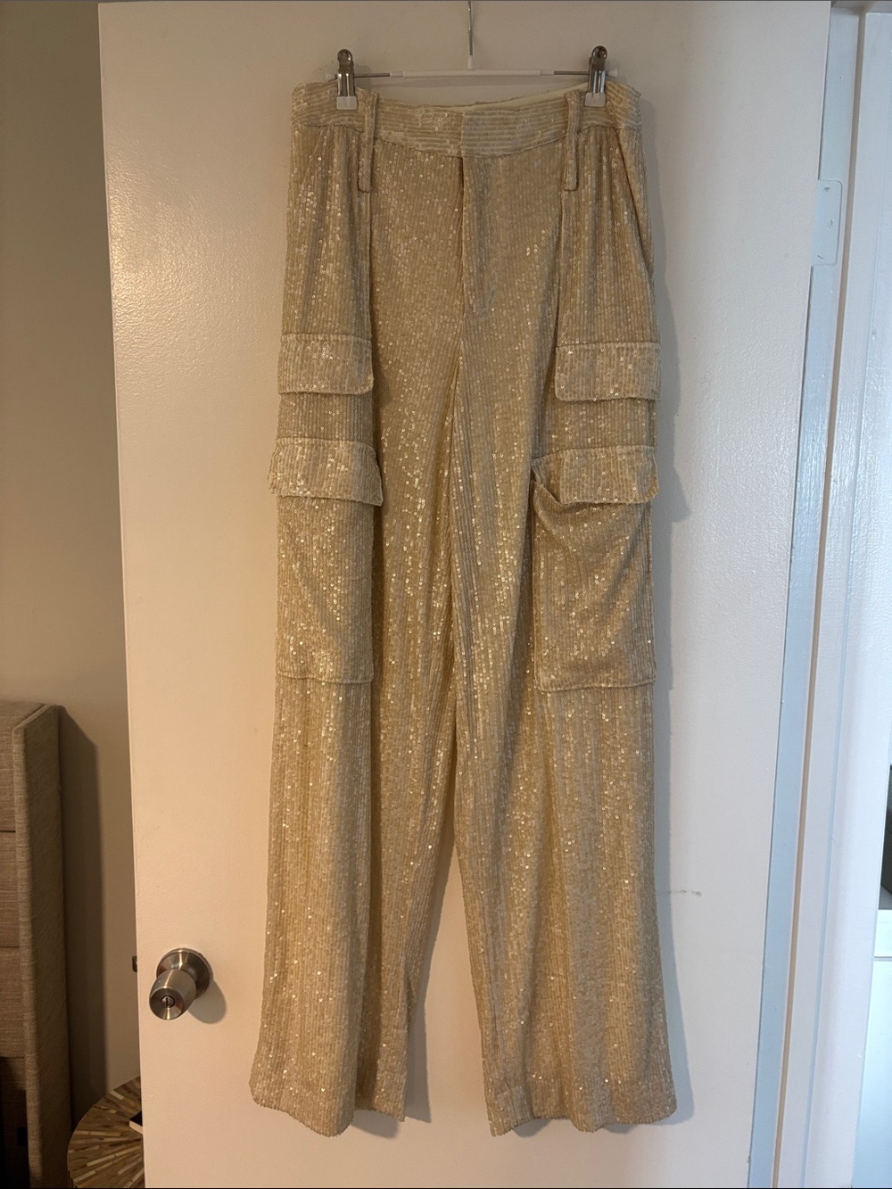 Noli Champagne Sequin Wide-Leg Cargo Pants